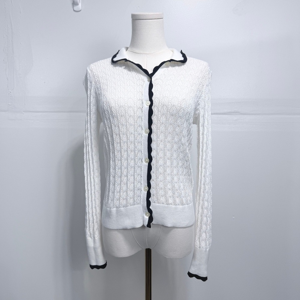 LOFT Womens White Pointelle Knit Cardigan Scalloped Trim Heart Pattern Size M